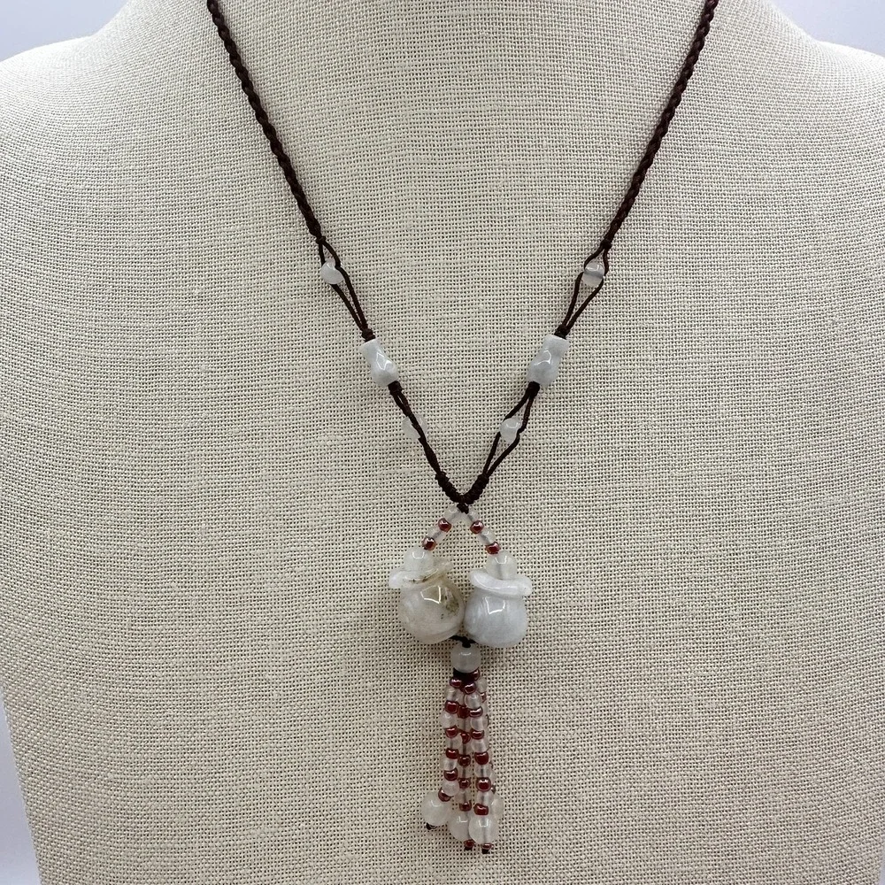 Vintage 90s Brown Cord Necklace Double Money Bag Glass Tassel Pendant Jewelry